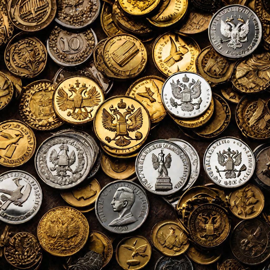 3355159 Крупным планом русские золотые и серебряные монеты