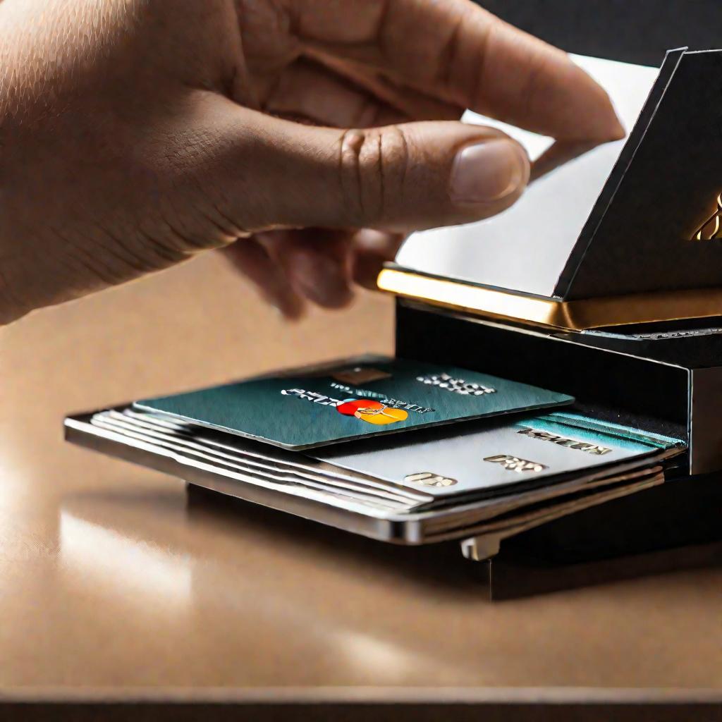 3377304 Вставка подписанной полосы в card holder кредитной карты на столе вблизи.