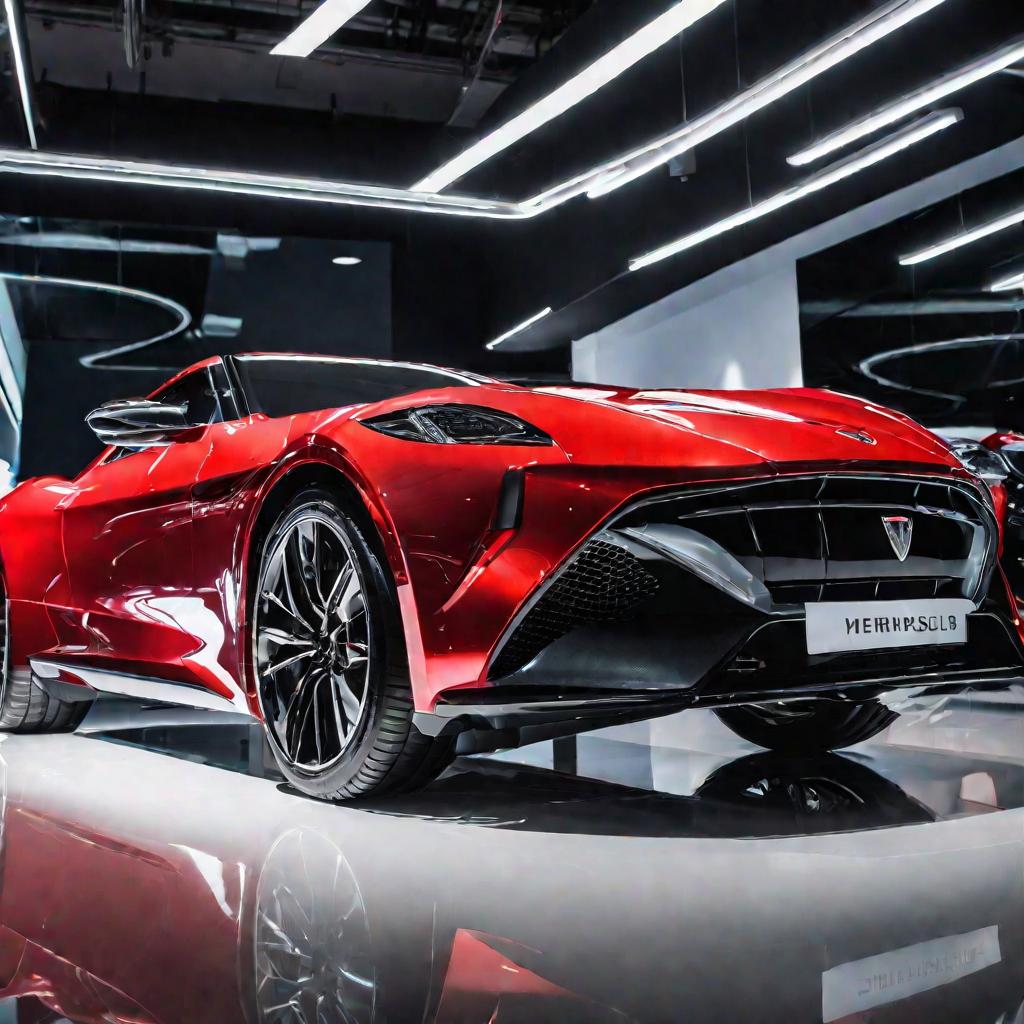 Новый красный спортивный автомобиль в салоне