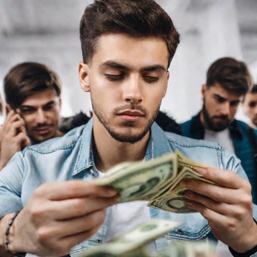 3357082 Крупный портрет молодого человека, считающего стопку российских рублей, только что обменянных.
