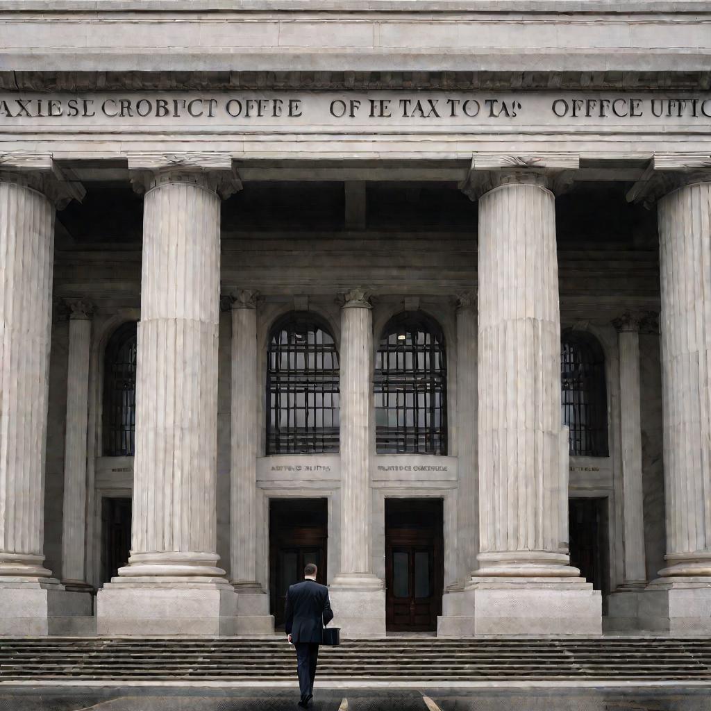 3410546 Вид снаружи здания налоговой инспекции. Мужчина в костюме выходит из здания с расстроенным видом после встречи по поводу налоговой задолженности.